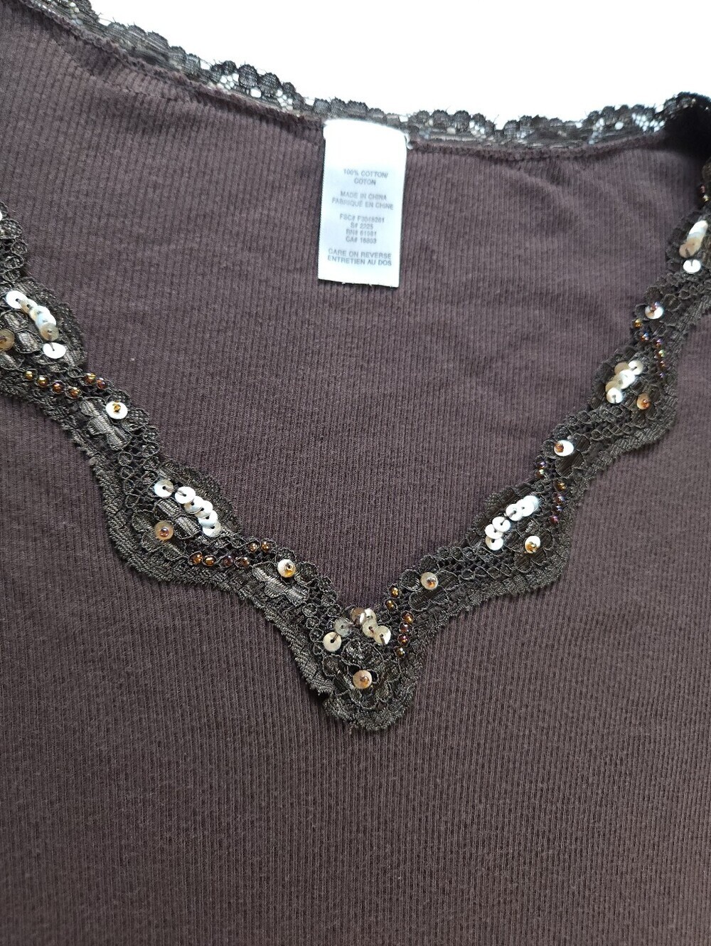 2010s Brown Long Sleeve Top Sequin Lace Beaded V Neck Sz M - Picture 4 of 5